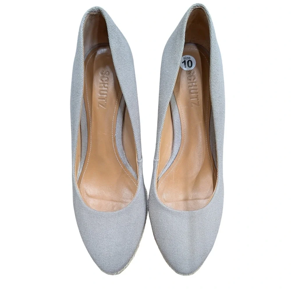 Schutz Women's Canvas Espadrille Wedge Pumps Beige Almond Toe Made in Brazil- 10